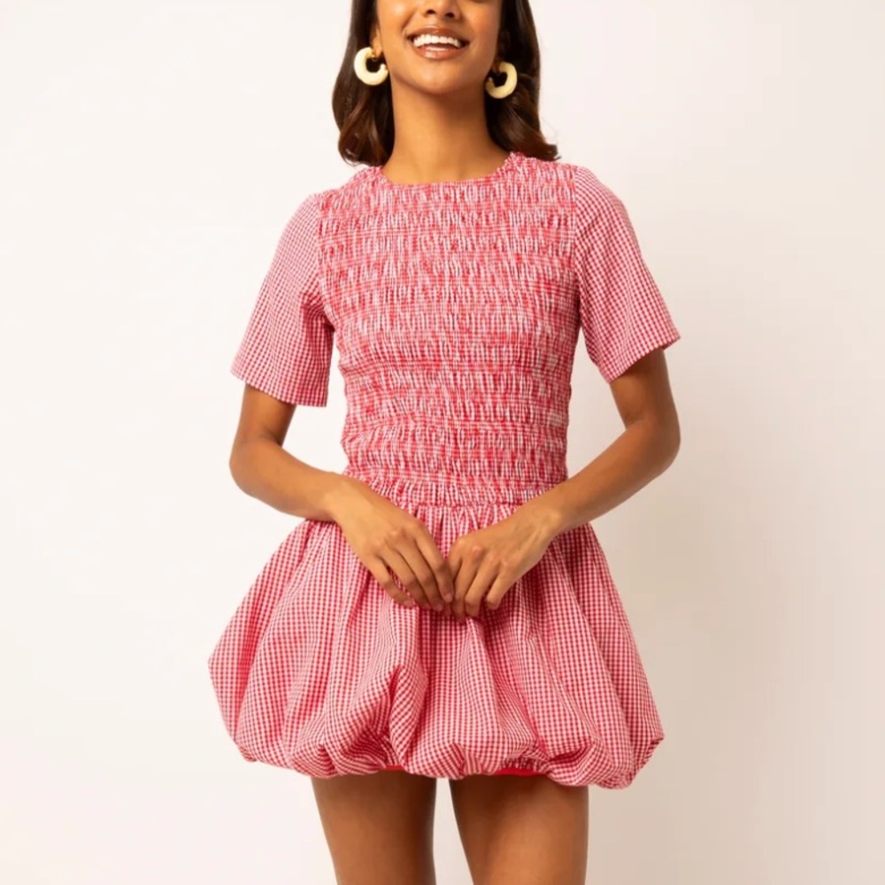 Amy Lynn ELENOR RED GINGHAM PUFFBALL MINI DRESS